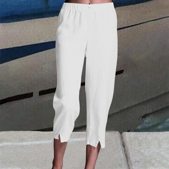 Simua Women's Capris Pants Cotton Linen Casual Summer Straight Leg Loose Elastic Waist Cropped Trousers