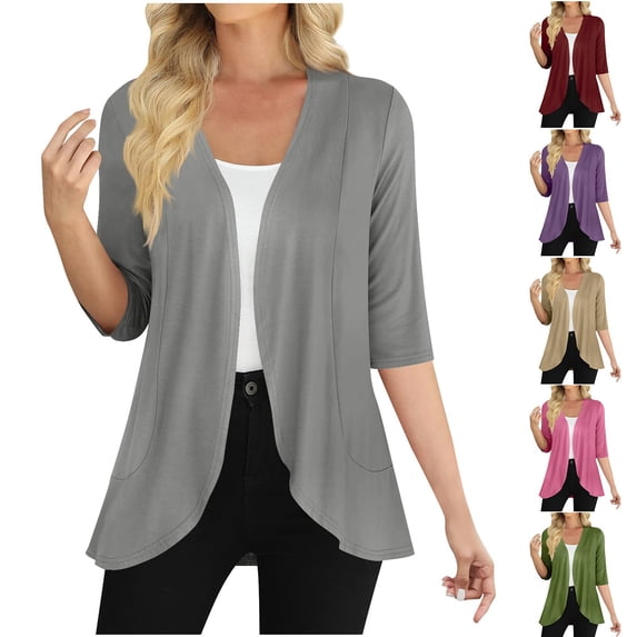 Simua Women's Cardigan 3/4 Sleeves Open Front Lightweight Solid Color Draped Ruffled Cardigan for Women