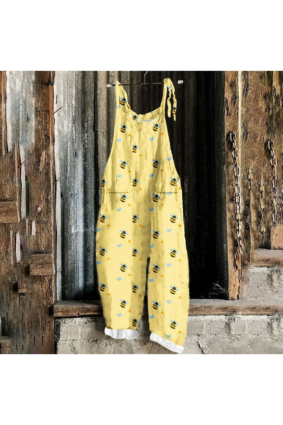 Simua Women's Cartoon Bee Print Adjustable Strap Overalls Jumpsuit Loose Wide Leg With Pockets For Casual Beach Loungewear Sleepwear Daily Vacation