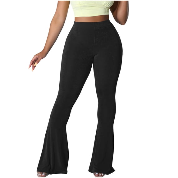 Simua Women's Casual High Waist Ruffle Flare Pants Wide Leg Solid Color Fashion Stretchy Bell Bottom
