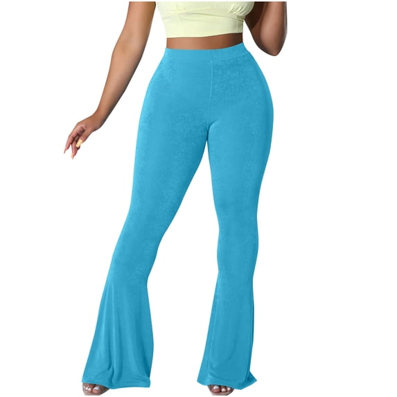 Simua Women's Casual High Waist Ruffle Flare Pants Wide Leg Solid Color Fashion Stretchy Bell Bottom