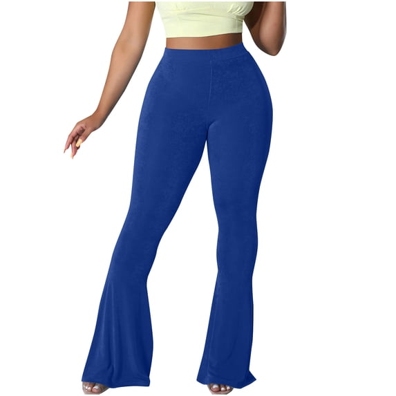 Simua Women's Casual High Waist Ruffle Flare Pants Wide Leg Solid Color Fashion Stretchy Bell Bottom