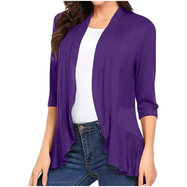 Simua Women's Casual Lightweight Open Front Cardigans Soft Draped Ruffles 3/4 Sleeve Cardigan