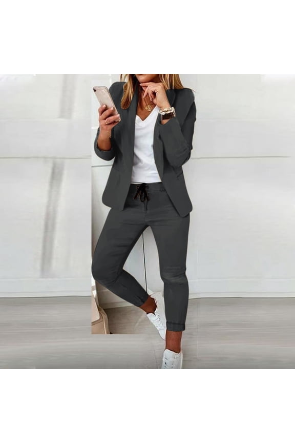 Women's Casual Pants Suit 2 Piece Business Outfits Solid Color Long Sleeve Blazer and Pencil Pant Sets