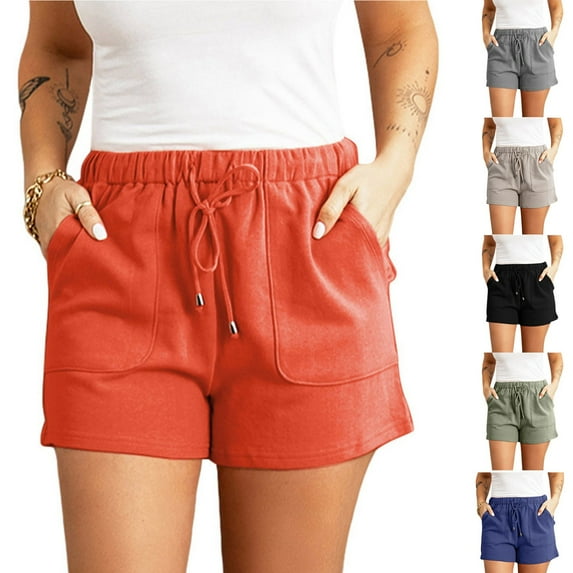 Simua Women's Casual Shorts Solid Color Elastic Waist Drawstring Pockets Shorts Yoga Workout Shorts