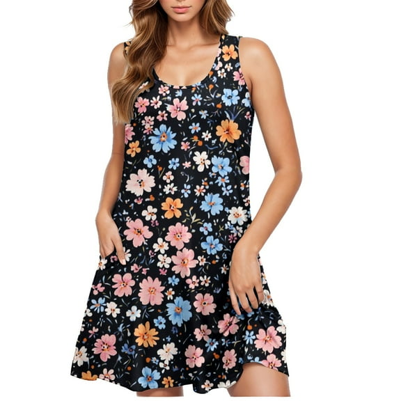 Simua Women's Casual Sleeveless Crewneck Print Dress Summer Beach Vacation Dress Round Neck Comfort Fashionable Sizes S-XXL
