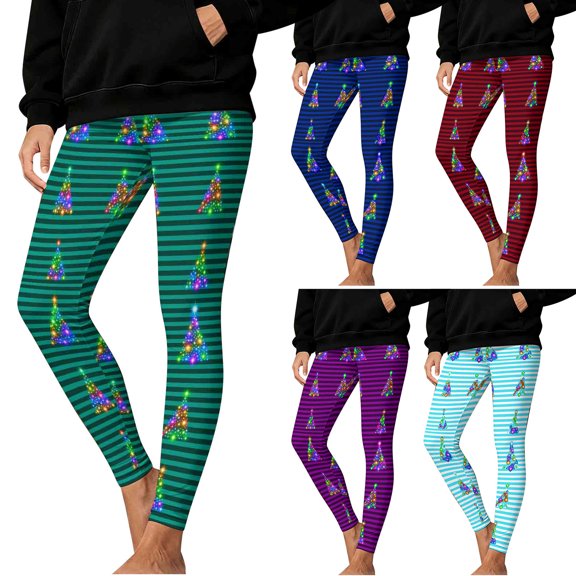 Simua Women's Christmas Striped Print Leggings - Festive Holiday Stretchy Workout Yoga Pants for Party Tights, S-XXXL