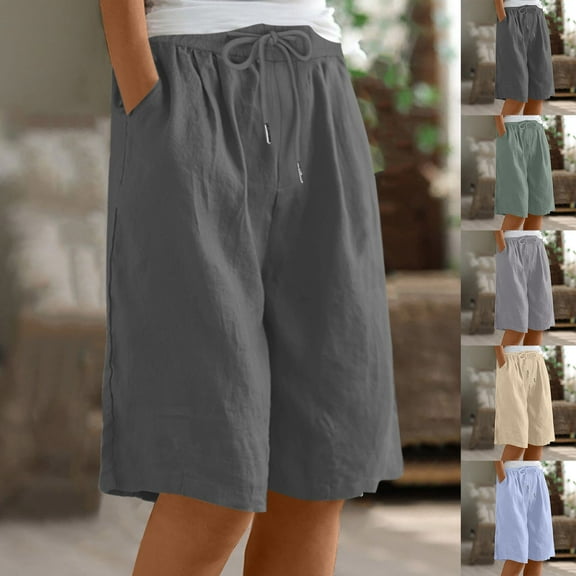 Simua Women's Cotton Linen Bermuda Shorts Solid Color Drawstring Elastic Waist Straight Leg Casual Shorts
