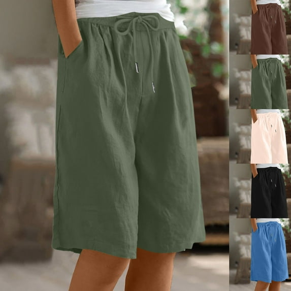 Simua Women's Cotton Linen Bermuda Shorts Solid Color Drawstring Elastic Waist Straight Leg Casual Shorts