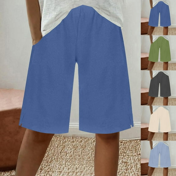 Simua Women's Cotton Linen Bermuda Shorts Solid Color Elastic Waist Side Slit Casual Beach Shorts