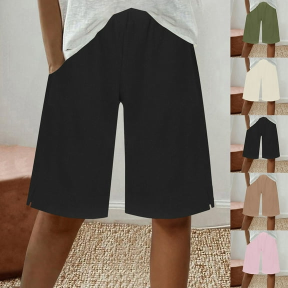 Simua Women's Cotton Linen Bermuda Shorts Solid Color Elastic Waist Side Slit Casual Beach Shorts
