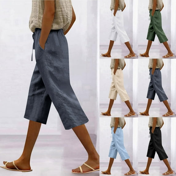 Simua Women's Cotton Linen Capri Shorts Straight Leg Drawstring Elastic Waist Pockets Bermuda Shorts for Women