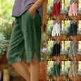 thumbnail image 1 of Simua Women's Cotton Linen Shorts Straight Leg Elastic Pockets Split Button Bermuda Shorts for Women, 1 of 7