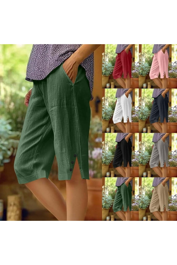Women's Cotton Linen Shorts Straight Leg Elastic Pockets Split Button Bermuda Shorts for Women
