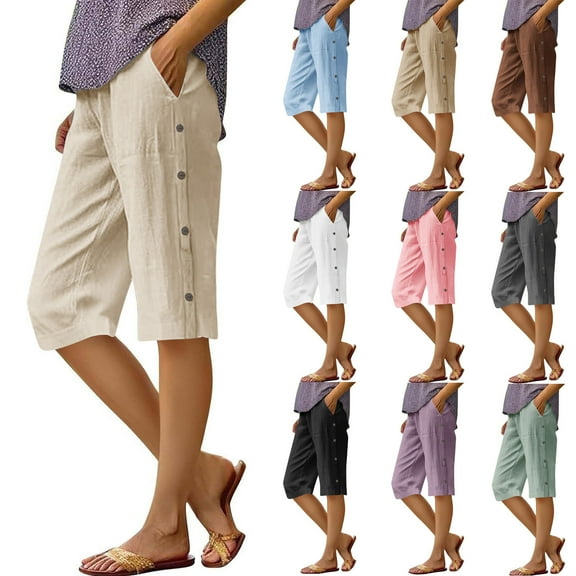 Simua Women's Cotton Linen Shorts Summer Elastic Waist Side Buttons Beach Bermuda Shorts with Pockets