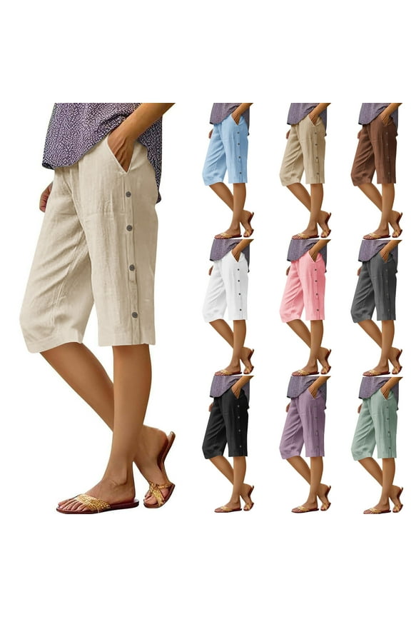 Women's Cotton Linen Shorts Summer Elastic Waist Side Buttons Beach Bermuda Shorts with Pockets