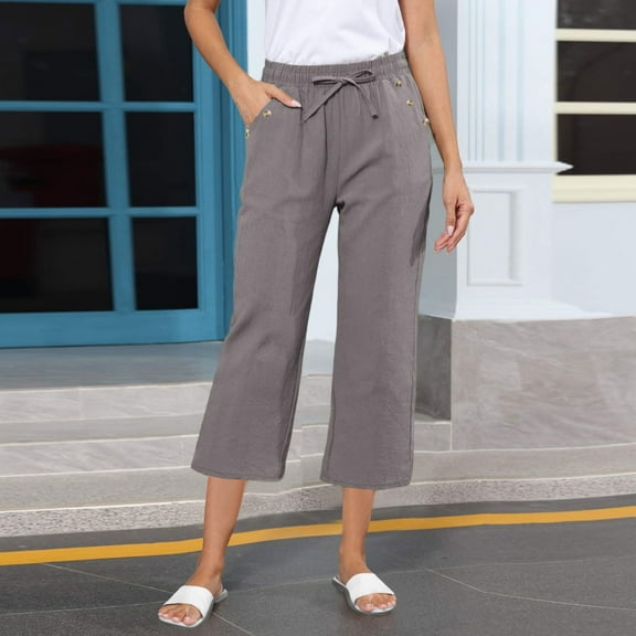 Simua Women's Cotton Linen Summer Capri Pants Flowy Wide Leg Beach Crooped Trousers with Pockets