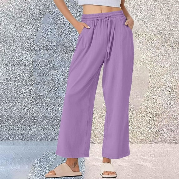 Simua Women's Cotton Linen Summer Palazzo Pants Flowy Wide Leg Beach Trousers with Pockets