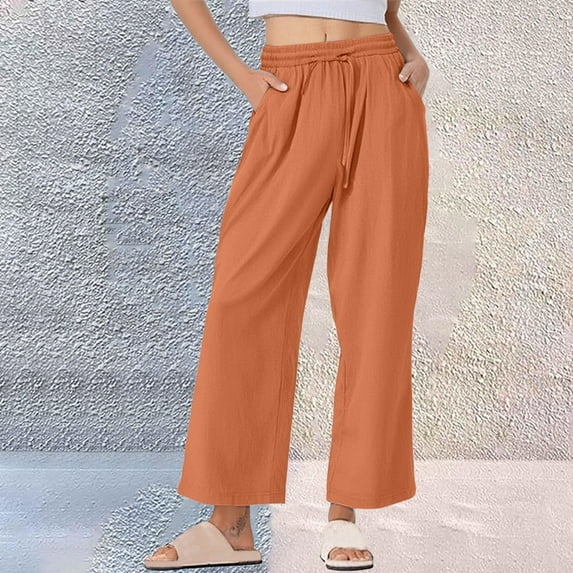 Simua Women's Cotton Linen Summer Palazzo Pants Flowy Wide Leg Beach Trousers with Pockets