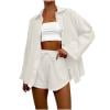 Simua Women's Cotton Outfit Set Casual Button Down Long Sleeve Shirt and Drawstring Shorts Pockets 2 Piece Lounge Set