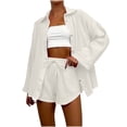 thumbnail image 1 of Simua Women's Cotton Outfit Set Casual Button Down Long Sleeve Shirt and Drawstring Shorts Pockets 2 Piece Lounge Set, 1 of 5