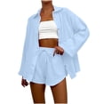 thumbnail image 1 of Simua Women's Cotton Outfit Set Casual Button Down Long Sleeve Shirt and Drawstring Shorts Pockets 2 Piece Lounge Set, 1 of 5
