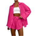 thumbnail image 1 of Simua Women's Cotton Outfit Set Casual Button Down Long Sleeve Shirt and Drawstring Shorts Pockets 2 Piece Lounge Set, 1 of 5