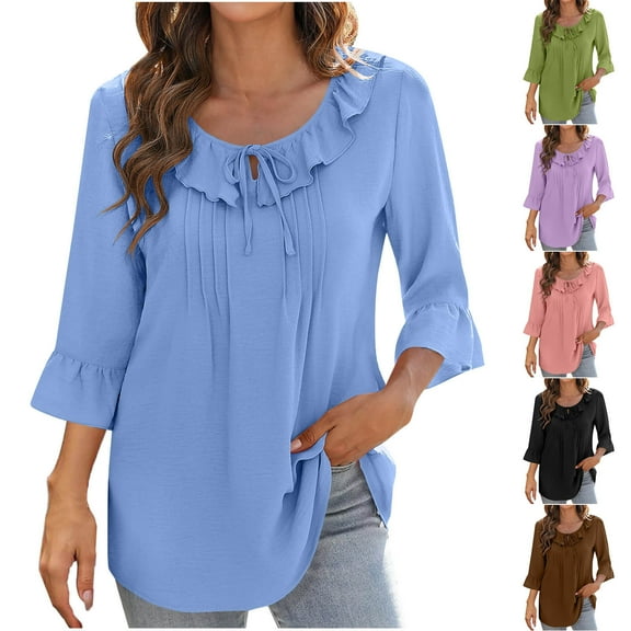 Simua Women's Cute Tops Scoop Neck 3/4 Sleeve Shirts Tie Front Ruffle Tiered Casual Pleated Blouses