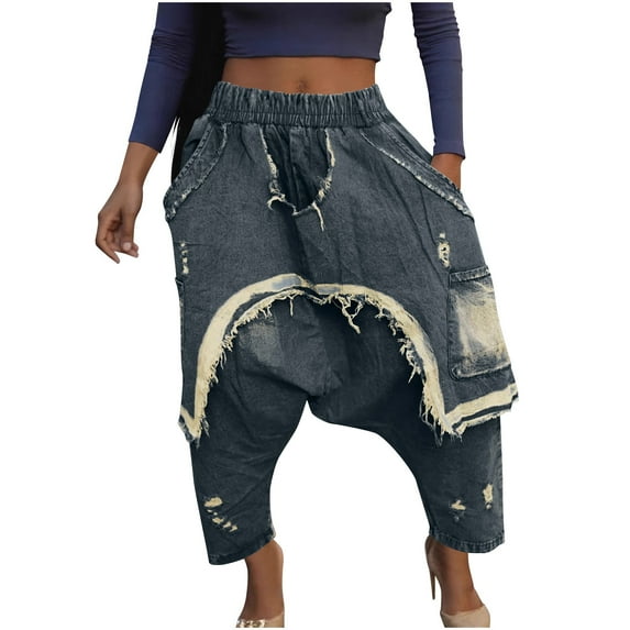 Simua Women's Denim Harem Pants Patchwork Ripped Jeans Elastic Waist Loose Stretchy Trendy Barrel Jeans with Pockets