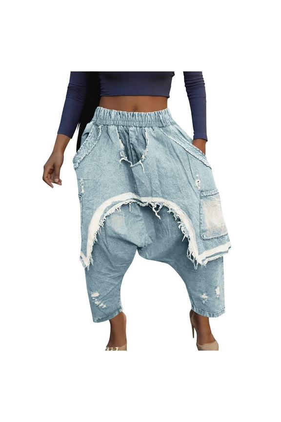 Women's Denim Harem Pants Patchwork Ripped Jeans Elastic Waist Loose Stretchy Trendy Barrel Jeans with Pockets