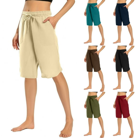 Simua Women's Drawstring Shorts Summer Solid Color Elastic Waist Cotton Linen Bermuda Shorts with Pockets