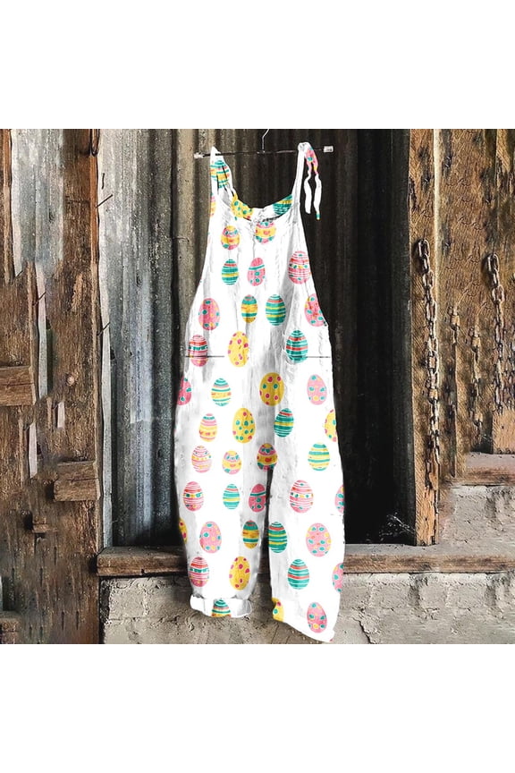 Simua Women's Easter Egg Print Linen Blend Adjustable Strap Overalls Jumpsuit Loose Wide Leg With Pockets For Casual Beach Loungewear Vacation Easter Day Events