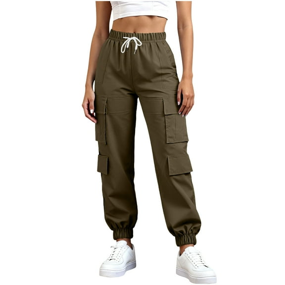 Simua Women's Elastic Lace-Up Tapered Cargo Sweatpants - High Waisted Zipper Pocket Casual Joggers for Everyday Wear, S-XXXL