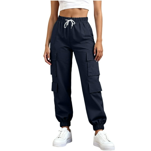 Simua Women's Elastic Lace-Up Tapered Cargo Sweatpants - High Waisted Zipper Pocket Casual Joggers for Everyday Wear, S-XXXL