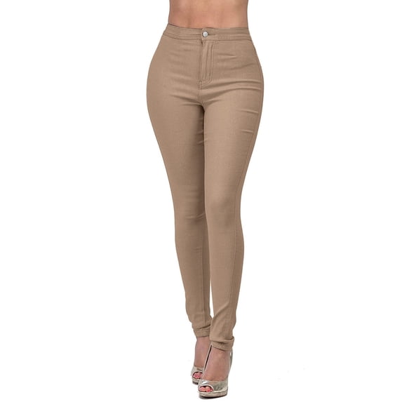 Simua Women's Elastic Skinny Jean Pants Outdoor Casual Solid Color Denim Trousers with Pockets Khaki XXL