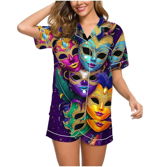 Simua Women's Fashion Carnival Print Pajamas Sets Short Sleeve Lapel Blouse and Shorts Homewear