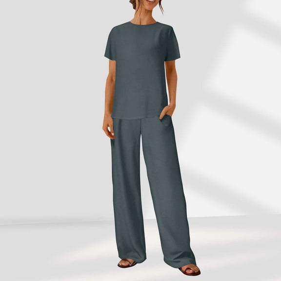Simua Women's Fashion Loungewear Set Solid Color Crewneck Short Sleeve T-shirt and Pants Two-piece Outfits Set