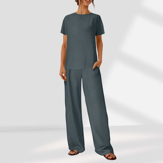 Simua Women's Fashion Loungewear Set Solid Color Crewneck Short Sleeve T-shirt and Pants Two-piece Outfits Set