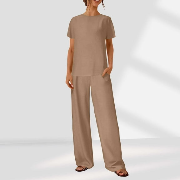 Simua Women's Fashion Loungewear Set Solid Color Crewneck Short Sleeve T-shirt and Pants Two-piece Outfits Set