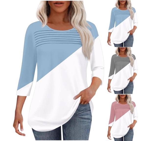 Simua Women's Fashion Round Neck 3/4 Sleeve T Shirt Loose Front Pleated Loose Tunic Blouse Colorblock Work Tops