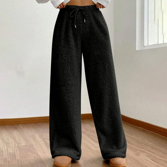 Simua Women's Fuzzy Plush Pajama Pants Drawstring Elastic Waist Wide Leg Pj Bottoms Lounge Pants Black XL