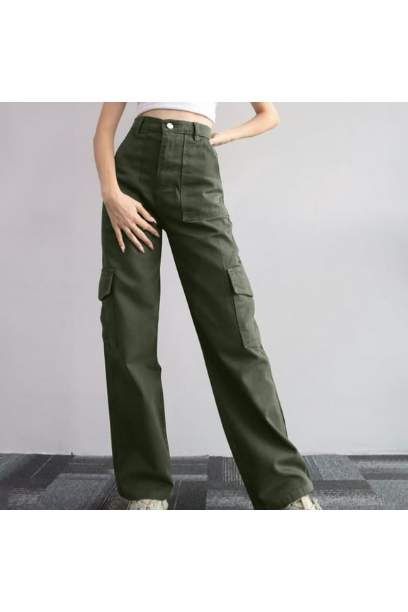 Simua Women's High Waist Baggy Cargo Pants Flap Pocket Y2K Streetwear Wide Leg Solid Color Trousers