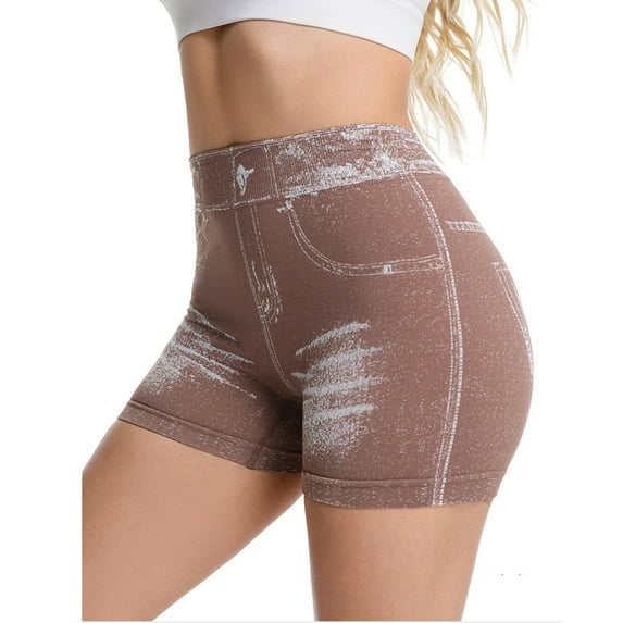 Simua Women's High Waisted Denim Print Yoga Shorts | Stretchy Active Biker Shorts for Casual & Gym Wear