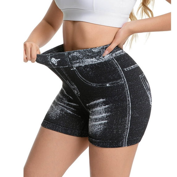 Simua Women's High Waisted Denim Print Yoga Shorts | Stretchy Active Biker Shorts for Casual & Gym Wear