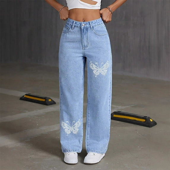 Simua Women's High Waisted Straight Leg Jeans with Butterfly Embroidered, Casual Pocketed Denim Pants for Daily & Street Wear