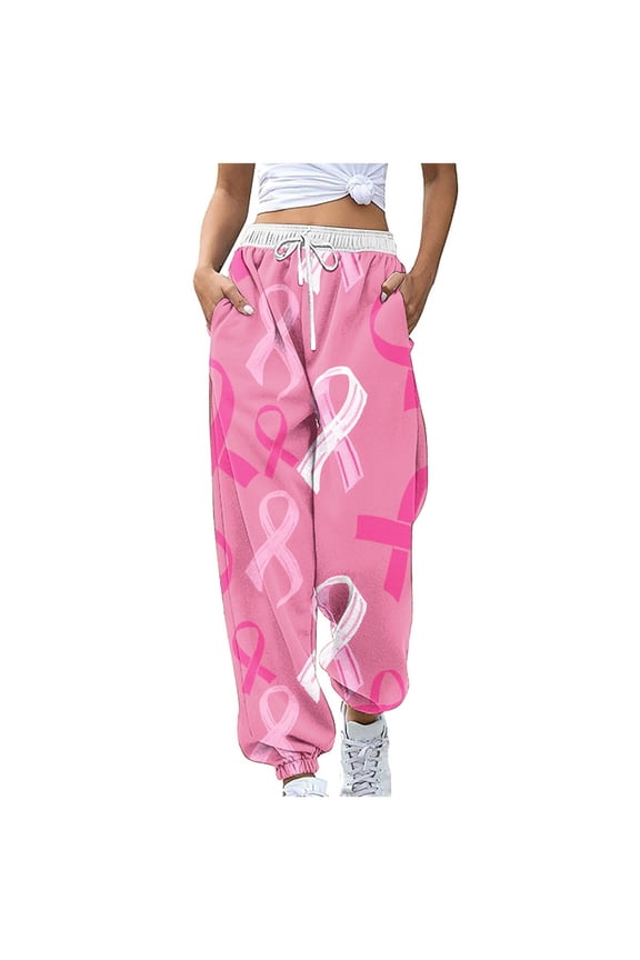 Women's High Waisted Sweatpants Workout Active Joggers Pants Pink Ribbon Printed Baggy Lounge Bottoms