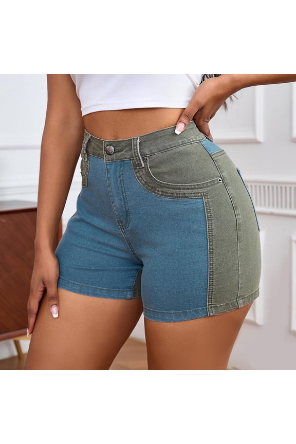 Simua Women's High Waisted Two-Tone Patchwork Denim Shorts | Stretch Hip Lifting Jean Shorts with Pockets