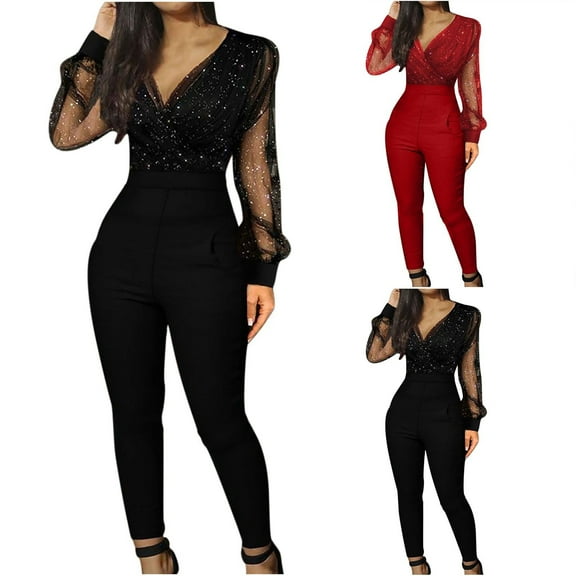Simua Women's Jumpsuit Mesh Long Sleeve Casual V-Neck Sheer Glitter Tops Stretch Romper with Pockets