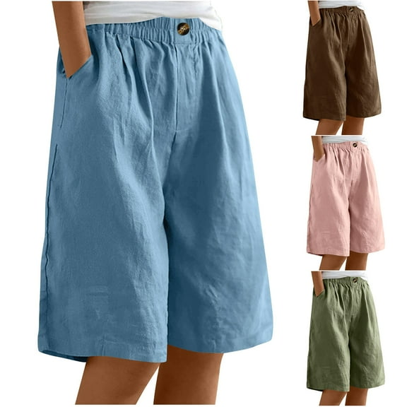 Simua Women's Knee Length Cotton Linen Shorts Wide Leg Elastic Pockets Solid Color Loose Bermuda Shorts for Women
