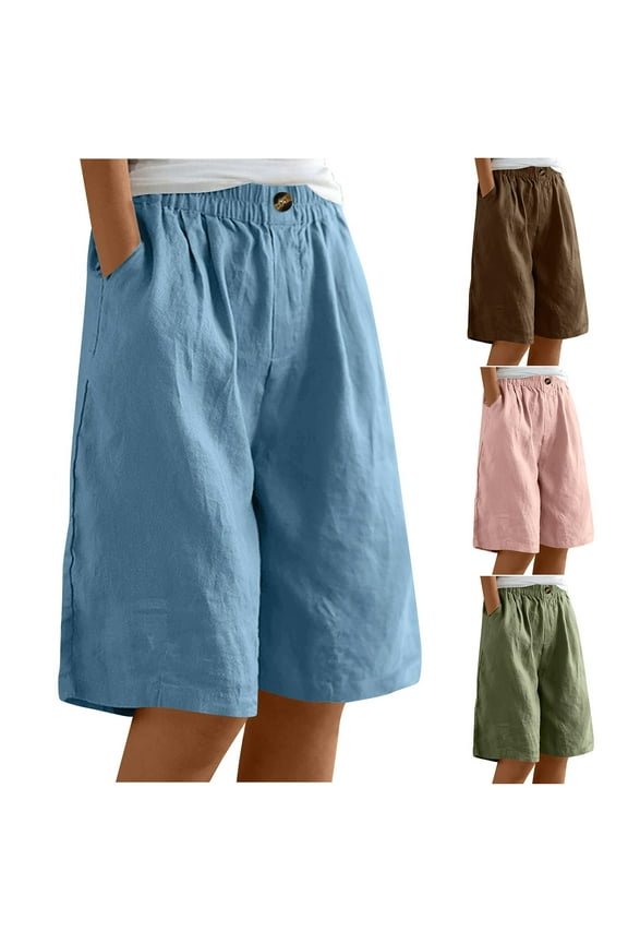 Simua Women's Knee Length Cotton Linen Shorts Wide Leg Elastic Pockets Solid Color Loose Bermuda Shorts for Women